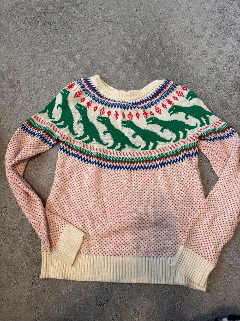 Modcloth Cream, Pink & Green Dinosaur Yoke Crew Sweater
